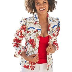 Boston Proper Equestrian Floral Status Print Puff Sleeve Jacket Size XL